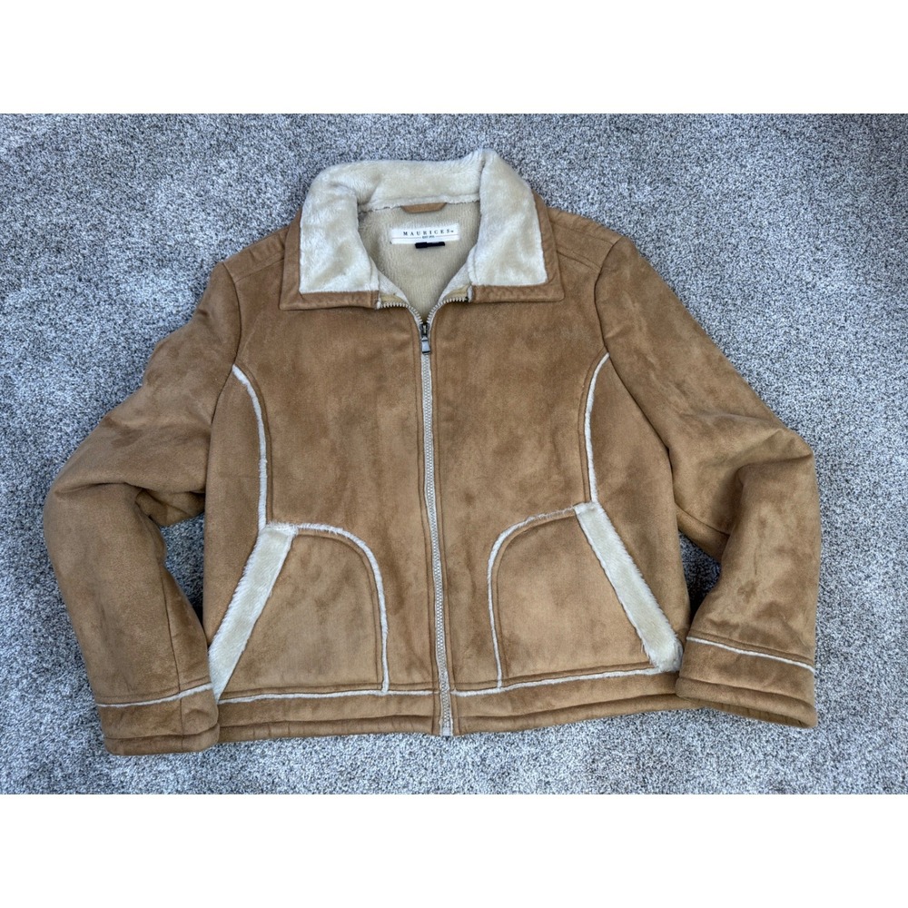 Vintage Y2K Maurices Faux Suede Shearling Jacket XL Tan Full Zip Faux Fur Coat‎